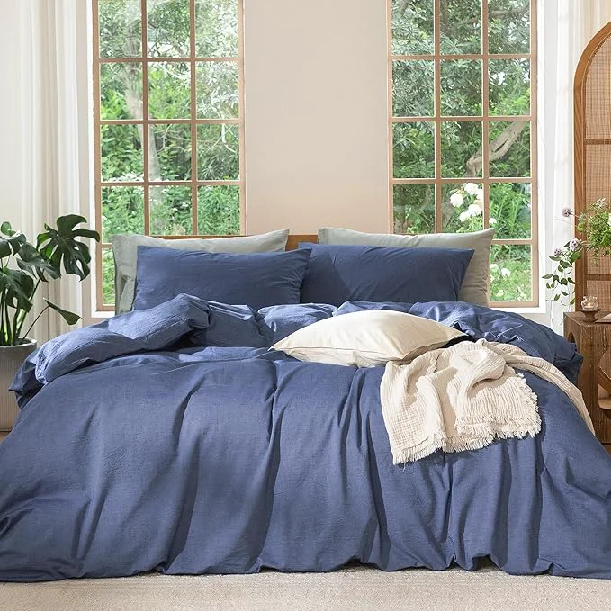 Flexible MooMee Bedding Duvet Cover Set Washed Cotton Linen Like Textured Breathable Durable Soft Comfy Heathered Blue Oversized Queen 98 quot x98 quot Stylish