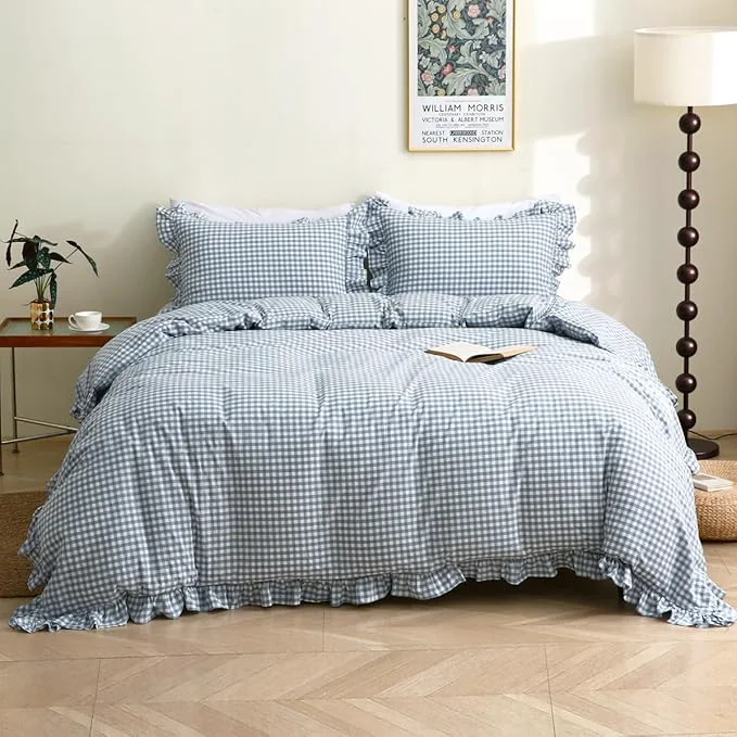 Advanced Light Blue White Plaid Ruffle Duvet Cover King Size Washed Cotton 3 Pieces Shabby Checkered Chic Gingham Bedding Set Comforter Cover Set High-Performance