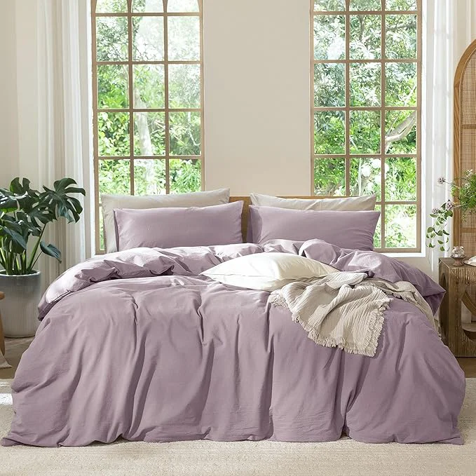 Superior MooMee Bedding Duvet Cover Set Washed Cotton Linen Like Textured Breathable Durable Soft Comfy Solid Taro Purple King 104 quot x90 quot Artisan