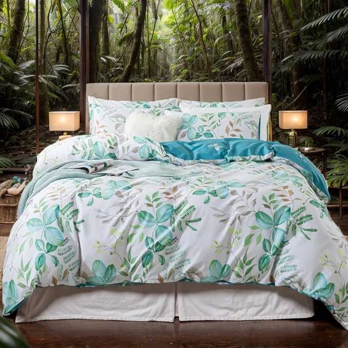 Detailed FADFAY Botanical Duvet Cover Sets Full Size Cotton Teal Green Leaves Patterned Comforter Cover Aesthetic Bedding for All Season Soft Crisp Modern Bed Cover with Zipper 3 Pcs Full Lightweight