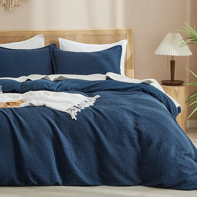 Safe PHF Waffle Weave Duvet Cover California King No Snagging Ultra Soft Luxury Textured Breathable Comforter Cover for All Season 3pcs Durable Bedding Duvet Set with 2 Pillow Shams 104 quot x98 quot Navy Blue Authentic