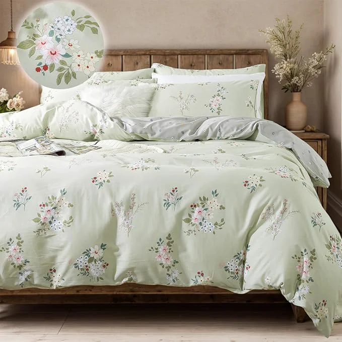 Crafted FADFAY Floral Duvet Cover Set Queen Cotton Sage Green Comforter Set Coquette Bedding Girls Vintage Flower Pattern Farmhouse Bedding for All Season Soft Set with 2 Pillowcases Queen Refined