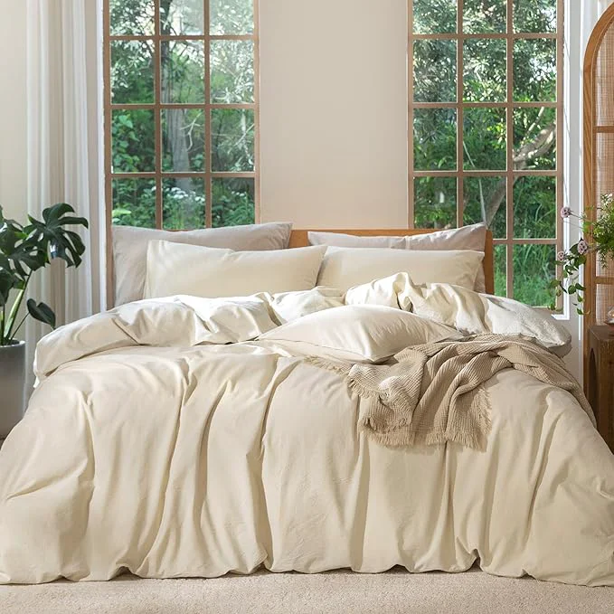 Dependable MooMee Bedding Duvet Cover Set Washed Cotton Linen Like Textured Breathable Durable Soft Comfy Heathered Almond Milk Grey Super Queen 90 quot x98 quot Fashionable