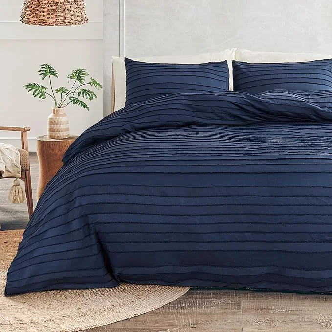 Flexible NEXHOME PRO Duvet Cover Full Navy 3 Pieces Boho Tufted Duvet Cover Set Soft and Lightweight Washed Microfiber Comforter Cover Set for All Season Navy Full 80 x 90 -No Comforter Stylish