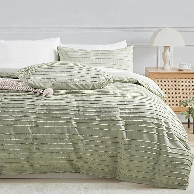 Artisan NEXHOME PRO Duvet Cover Queen 3 Pieces Boho Tufted Duvet Cover Set Soft and Lightweight Washed Microfiber Comforter Cover Set for All Season Sage Green 90 x 90 -No Comforter Certified