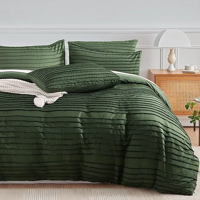 Contemporary NEXHOME PRO Duvet Cover Queen 3 Pieces Boho Tufted Duvet Cover Set Soft and Lightweight Washed Microfiber Comforter Cover Set for All Season Forest Green 90 x 90 -No Comforter Smart