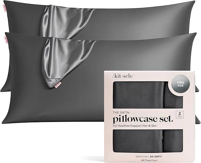 Sustainable Kitsch Satin Pillowcase with Zipper for Hair amp Skin – Softer Than Silk Pillow Cases Smooth Cooling Satin Pillow Case Wrinkle- Machine Washable King Size Satin Pillow Case 19×36 Charcoal 2pc Next-Generation