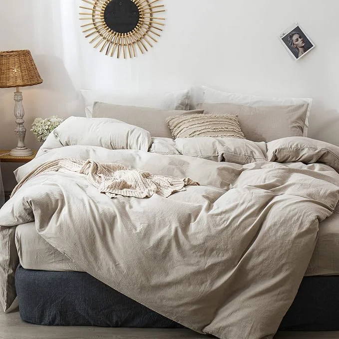 Smooth MooMee Bedding Duvet Cover Set Washed Cotton Linen Like Textured Breathable Durable Soft Comfy Heathered Tannish Linen Grey Oversized Queen 98 quot x98 quot Sophisticated
