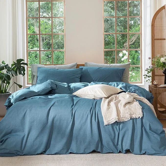 Traditional MooMee Bedding Duvet Cover Set Washed Cotton Linen Like Textured Breathable Durable Soft Comfy Heathered Peacock Blue Oversized Queen 98 quot x98 quot Elegant