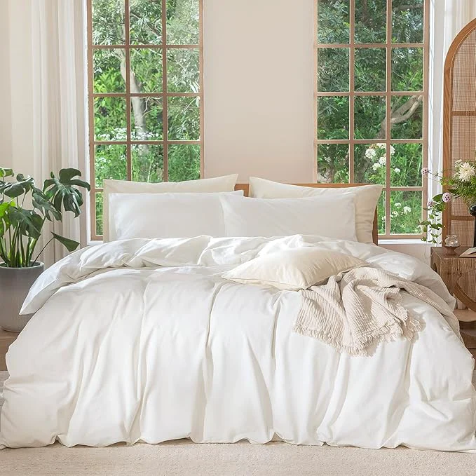 Detailed MooMee Bedding Duvet Cover Set Washed Cotton Linen Like Textured Breathable Durable Soft Comfy Solid Off White Queen 90 quot x90 quot Exclusive