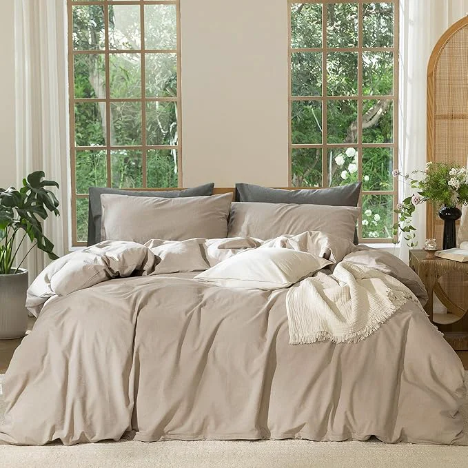 Reusable MooMee Bedding Duvet Cover Set Washed Cotton Linen Like Textured Breathable Durable Soft Comfy Heathered Taupe Palatial King Oversized King 120 quot x98 quot Eco-Friendly
