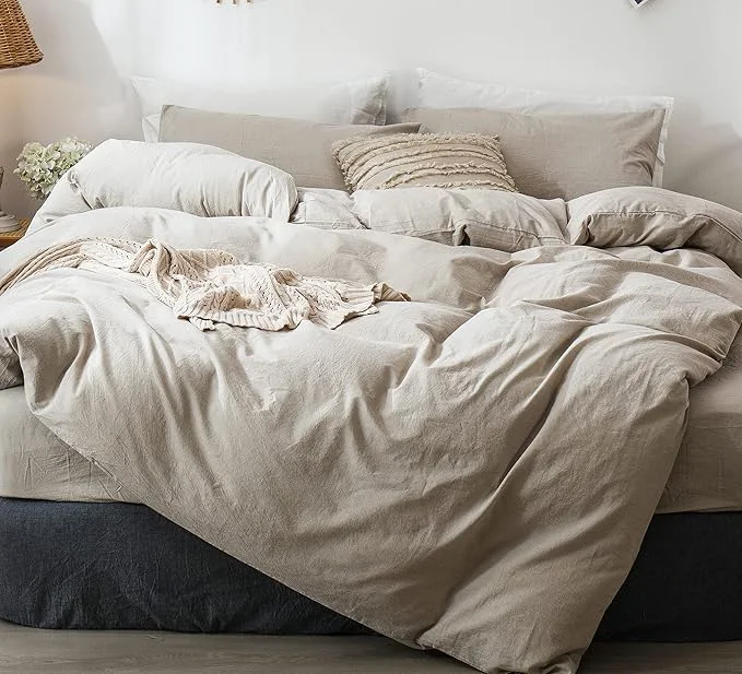 Original MooMee Bedding Duvet Cover Set Washed Cotton Linen Like Textured Breathable Durable Soft Comfy Heathered Tannish Linen Grey King 104 quot x90 quot Carefully Designed