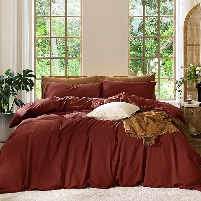 Advanced MooMee Bedding Duvet Cover Set Washed Cotton Linen Like Textured Breathable Durable Soft Comfy Solid Fired Brick Red Twin 68 quot x90 quot Natural
