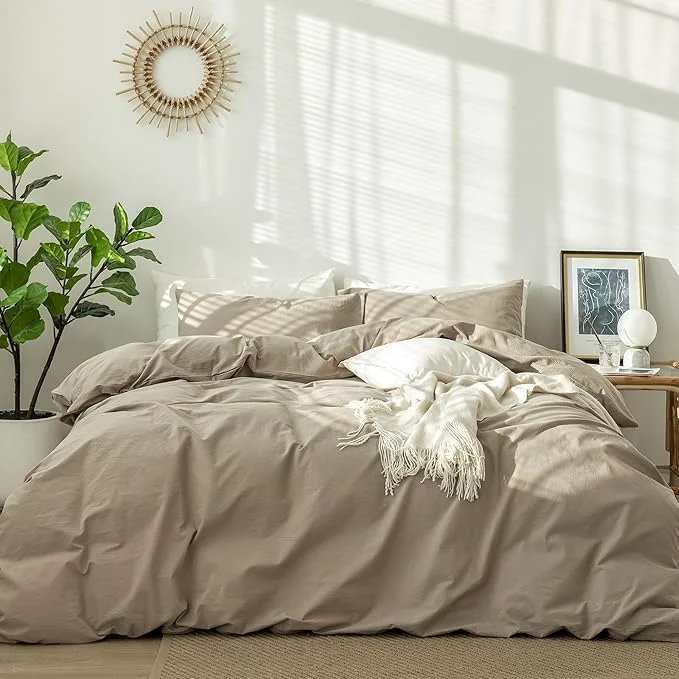 Recyclable MooMee Bedding Duvet Cover Set Washed Cotton Linen Like Textured Breathable Durable Soft Comfy Solid Light Camel Super King 108 quot x98 quot High-Grade
