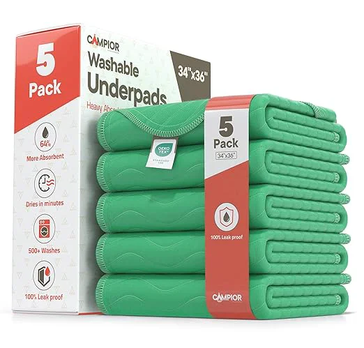 Exclusive Washable Underpads Large 34 quot x36 quot Pack of 5 – Reusable Waterproof Bed Pads for Adults amp Seniors Extra Heavy Absorbency Incontinence amp Bedwetting Pads Soft Non-Slip TPU Backing Green. Sustainable