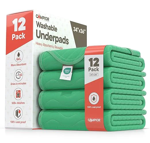 Premium Material Washable Underpads Large 34 quot x36 quot Pack of 12 – Reusable Waterproof Bed Pads for Adults amp Seniors Extra Heavy Absorbency Incontinence amp Bedwetting Pads Soft Non-Slip TPU Backing Green. Trusted