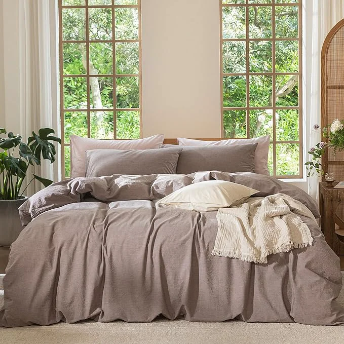 Premium MooMee Bedding Duvet Cover Set Washed Cotton Linen Like Textured Breathable Durable Soft Comfy Heathered Mauve Brown Oversized King Plus 128 quot x120 quot Contemporary