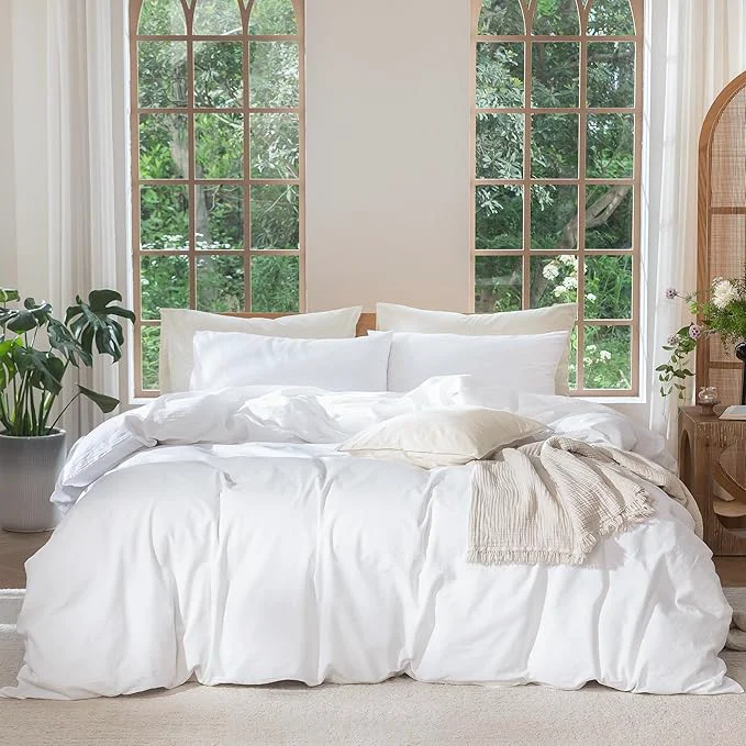 Environmentally Friendly MooMee Bedding Duvet Cover Set Washed Cotton Linen Like Textured Breathable Durable Soft Comfy Solid Bright White King 104 quot x90 quot Clean