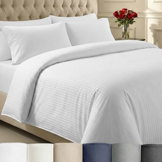 Certified California Design Den King Size Duvet Cover Set Premium 400 Thread Count Cotton Sateen Soft Sateen Weave Comforter Cover Button Closure Striped White King Organic