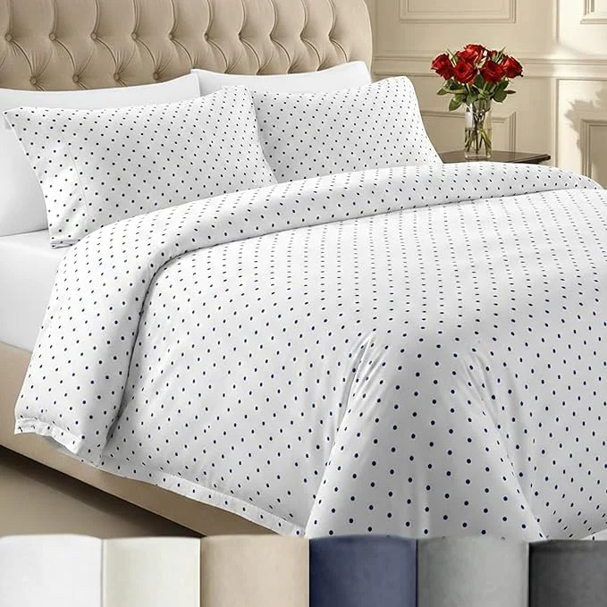 Traditional California Design Den Printed King Size Duvet Cover Set – 400 Thread Count Cotton Sateen Comforter Cover and 2 Pillow Shams Button Closure and Corner Ties 3 Piece Polka Dot Official
