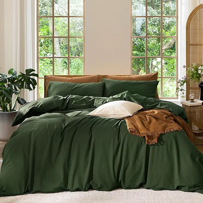 Comfortable MooMee Bedding Duvet Cover Set Washed Cotton Linen Like Textured Breathable Durable Soft Comfy Solid Forest Green Queen 90 quot x90 quot Artisan
