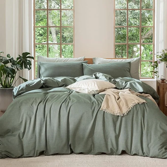 User-Friendly MooMee Bedding Duvet Cover Set Washed Cotton Linen Like Textured Breathable Durable Soft Comfy Heathered Green Oversized Full 82 quot x86 quot Sophisticated