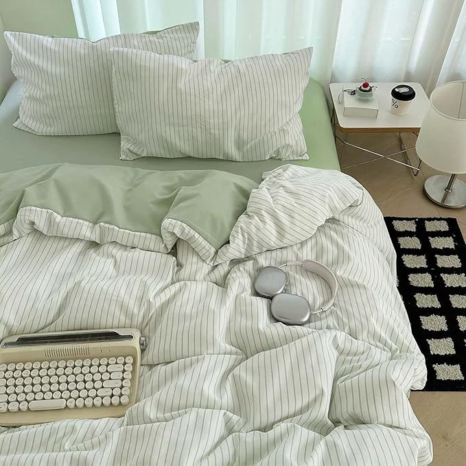 High-Performance Nayoroom Green Striped Duvet Cover Queen Size Washed Cotton Duvet Cover Linen Like Textured Reversible 3 Pieces Soft Breathable Yarn-Dyed Stripe Girls Dorm Bedding Set for All Seasons Trusted