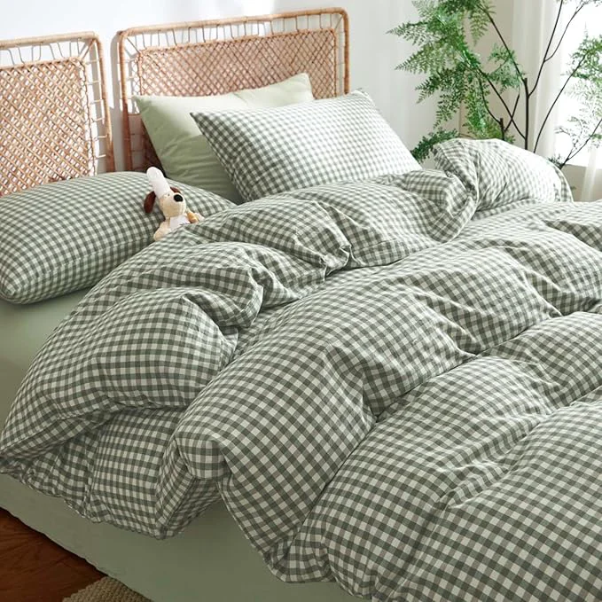 Effective Nayoroom Gingham Duvet Cover King Size Washed Cotton Green Plaid Checkered Comforter Cover 3 Pcs Soft Breathable Grid Farmhouse Dorm Bedding Set for All Seasons Verified