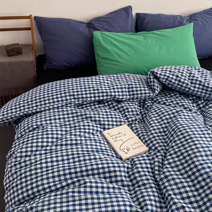 Next-Generation Nayoroom Navy Blue Gingham Duvet Cover Queen Size Washed Cotton Plaid Checkered Duvet Cover 3 Pieces Soft Breathable Grid Farmhouse Dorm Bedding Set for All Seasons Certified