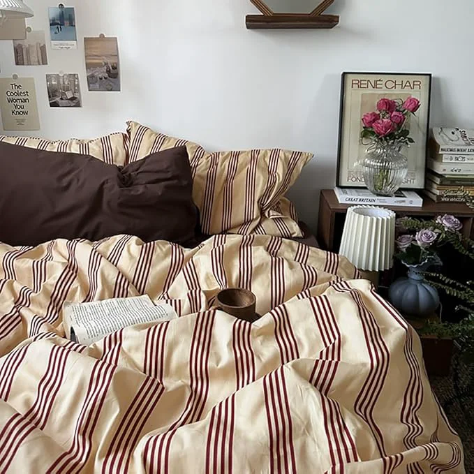 Easy-to-Use Nayoroom Striped Duvet Cover Twin Size Vintage Brown Striped Duvet Cover 2 Pieces Washed Cotton Soft Breathable Girls Dorm Bedding Set for Hot Sleepers Specialty
