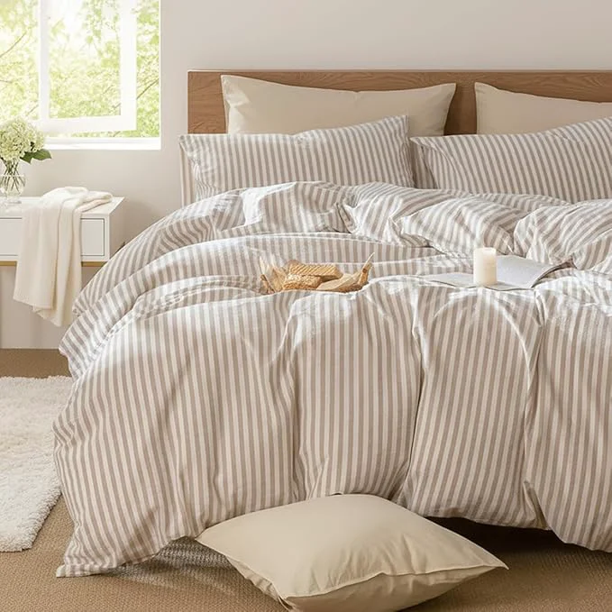 User-Friendly Nayoroom Striped Duvet Cover Queen Size – Washed Cotton White Duvet Cover with Brown Stripes Pattern 3 Pieces Soft Breathable Girls Dorm Bedding Set for Hot Sleepers Yarn Dyed Process Versatile