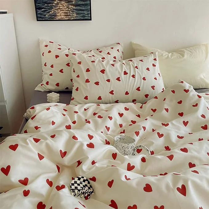 Green Nayoroom Heart Duvet Cover Full Size Cute Red Love Heart Printed on White Bedding Set 3Pcs Kids Girls Kawaii Heart-Shaped Pattern Comforter Cover with Zipper Closure Soft Breathable Microfiber Sustainable