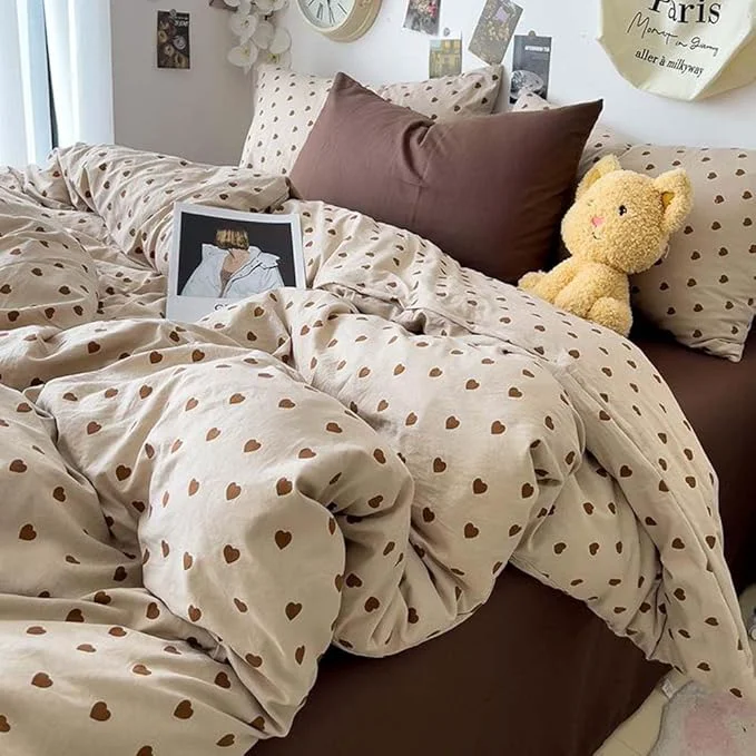 Contemporary Nayoroom Brown Heart Duvet Cover Queen Size Vintage Hearts Printed on Taupe Comforter Cover Kids Girls 3 Pcs Soft Microfiber Farmhouse Bedding Set with Zipper Closure Environmentally Friendly