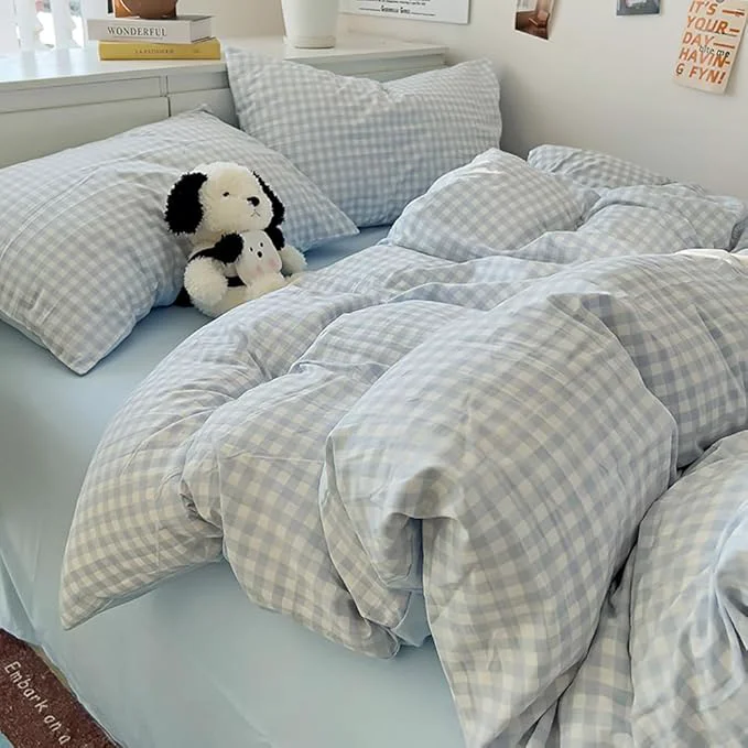 Premium Nayoroom Gingham Duvet Cover King Size Reversible Blue Plaid Checkered Duvet Cover 3 Pieces Soft Breathable Washed Microfiber Girls Dorm Bedding Set for All Seasons First-Class