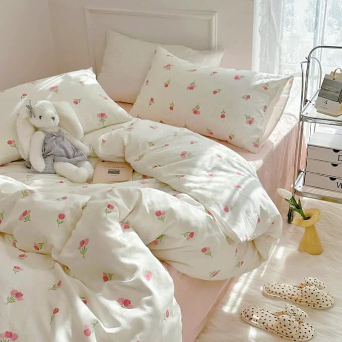 Practical Nayoroom Pink Floral Duvet Cover Twin Size Cute Tulip Printed on White Comforter Cover 2Pcs Kids Girls Kawaii Cottagecore Bedding Set with Zipper Closure Soft Breathable Microfiber Functional