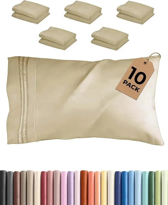 Carefully Designed Queen Pillow Cases Set of 10 – Ultra Soft Hotel Quality Pillowcase Covers – Comfy amp Wrinkle – Shrink Stain and Fade Resistant – Easy-Care Machine Washable Pillow Protectors – 10 Pcs Set – Beige Excellent
