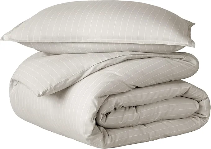Authentic Bare Home Bedding Duvet Cover Extra Long Size – Premium 1800 Super Soft Collection – Lightweight Cooling – Soft Textured Twin Twin XL Pinstripe – Stone White Versatile