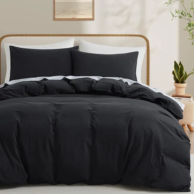 Superior LOVQUE Washed Cotton Duvet Cover Set King Size Linen Like Natural Bedding Set with Zipper Closure No Comforter 104×90 Inches Black Comfortable