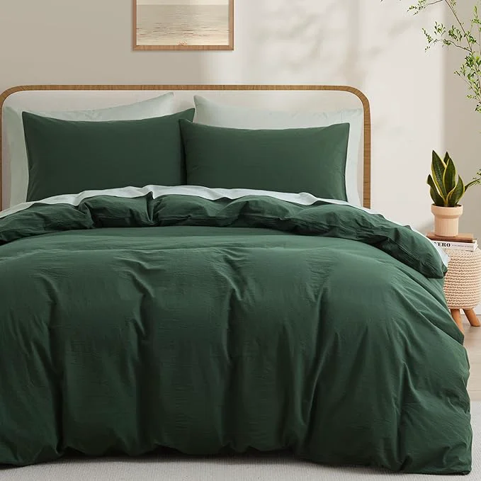 World-Class LOVQUE Washed Cotton Duvet Cover Set King Size Linen Like Natural Bedding Set with Zipper Closure No Comforter 104×90 Inches Forest Green High-Grade
