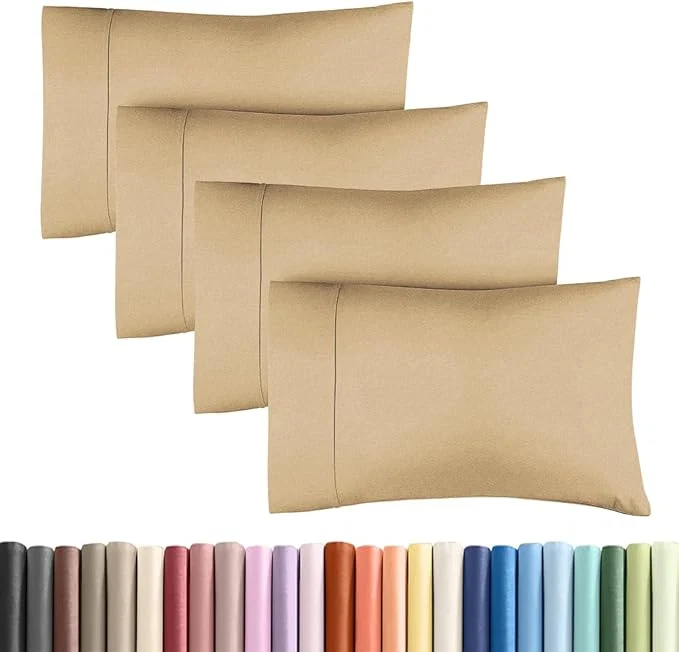 Versatile Standard Pillow Cases Set of 4 – Ultra Soft Hotel Quality Pillowcase Covers – Comfy Bedding for Women Men Kids amp Teens – Machine Washable Pillow Protectors – 4 Piece – Standard Size Heathered Tan