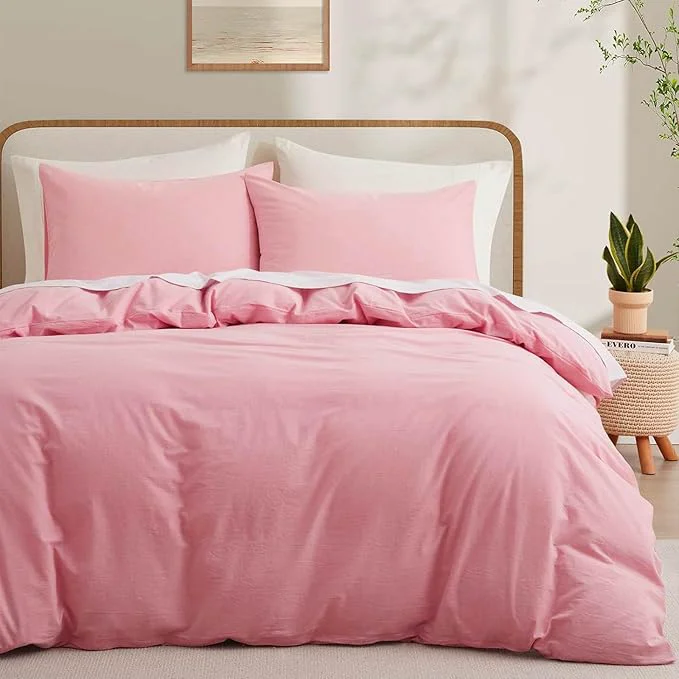 Trendy LOVQUE Pink Duvet Cover Full Size Washed Cotton Linen Like Bedding Set with Zipper Closure No Comforter 80×90 Inches Efficient