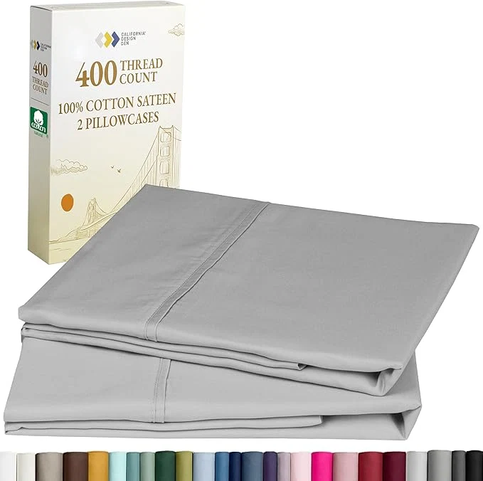 Relaxed California Design Den King Size Pillowcase Set – 400 Thread Count Cotton Sateen Set of 2 Pillow Covers Soft and Breathable – Light Grey Versatile
