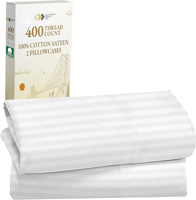Selected California Design Den King Size Pillowcase Set – 400 Thread Count Cotton Sateen Set of 2 Pillow Covers Soft and Breathable – Striped Bright White Powerful
