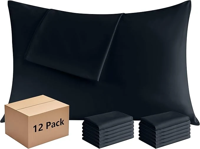 Relaxed Pillowcases Queen 12 Pack 20×30 Pillow Cases with Envelope Closure Soft Plain Brushed Microfiber Covers Breathable Wrinkle-Resistant Black High-Performance