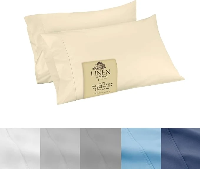 Responsible Linen Home 600 Thread Count King Pillowcase Set Long-Staple Cotton Pillow Cases Soft amp Smooth Luxury Satin Set of 2 Pillowcases 4 Inch Z Hem Ivory Fine Crafted