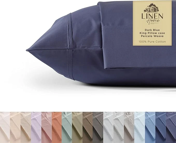 Effective Linen Home Cotton Percale Pillowcases King Size Dark Blue 2 Pieces of Pillow Case Crisp and Cool Strong Bed Linen 20 inches X 40 inches Original