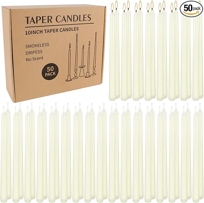 Specialty WPONSZU 50 Pack Ivory Taper Candles 7-8 Hours Burn Time Smokeless and Dripless Trendy