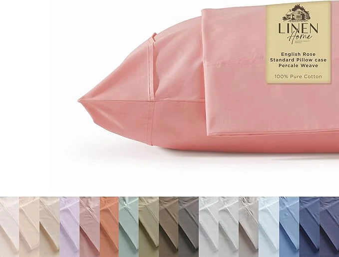 Comfortable Linen Home Cotton Percale Pillowcases Queen Standard Size English Rose 2 Pieces of Pillow Case Crisp and Cool Strong Bed Linen 20 inches X 30 inches Premium