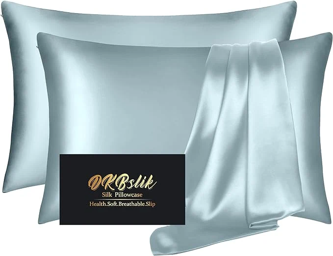 Casual Silk Pillowcase 2 Pack Mulberry Silk Pillow Cases Queen Size Set of 2 Anti Acne Silk Pillowcase for Hair and Skin Natural Silk Satin Pillowcases Gifts for Women Men 2 Pack with Zipper Aqua Blue Minimalist