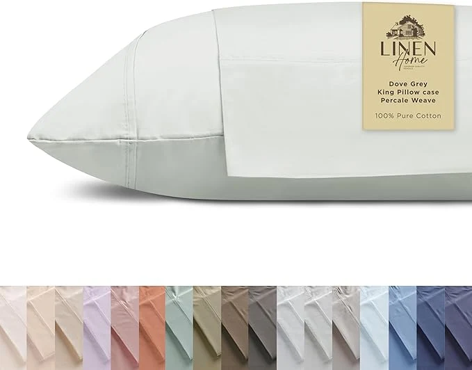 Trendy Linen Home Cotton Percale Pillowcases King Size Dove Grey 2 Pieces of Pillow Case Crisp and Cool Strong Bed Linen 20 inches X 40 inches High-Performance